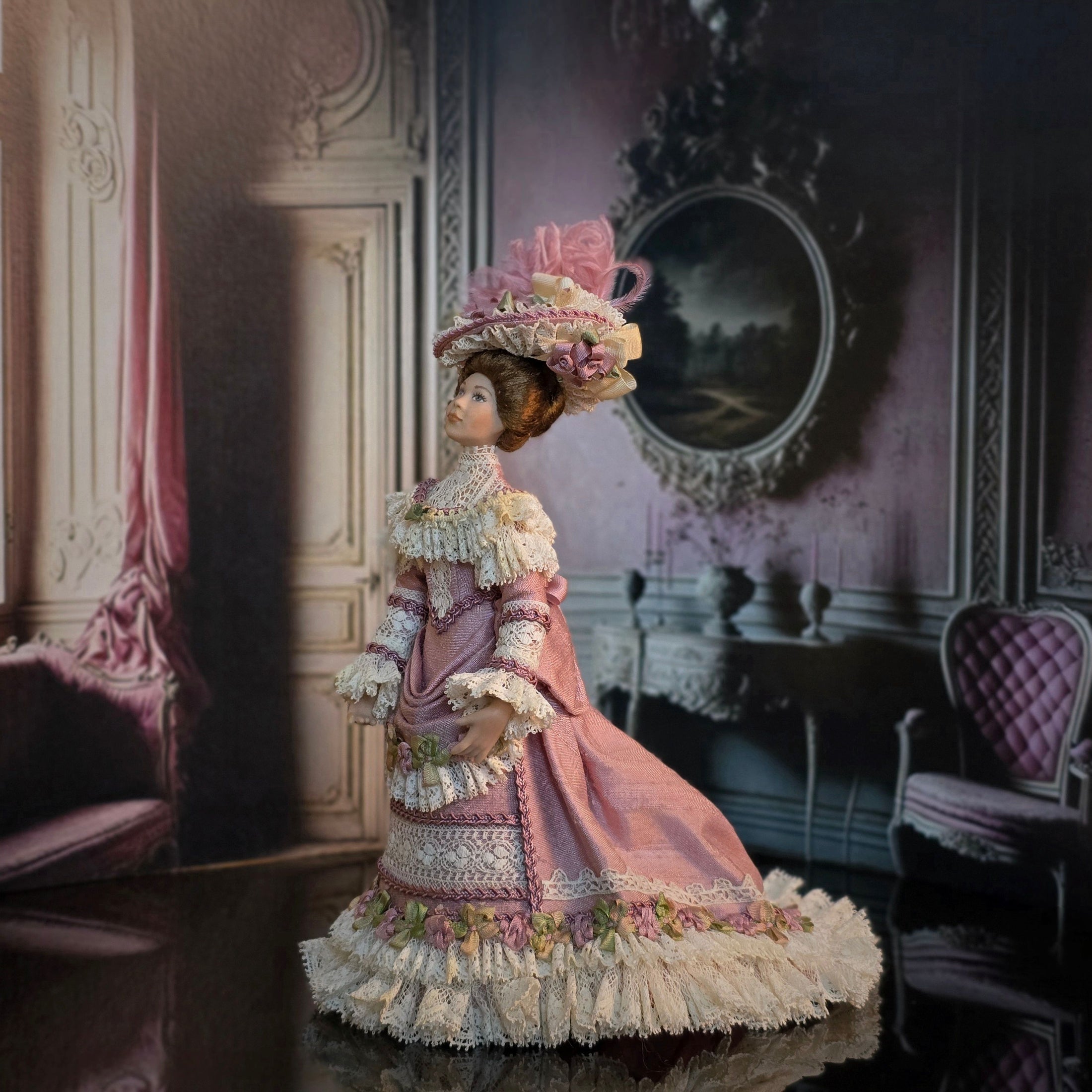 Victorian Lady Doll with Rose Silk and Lace Gown Fabulous Hat