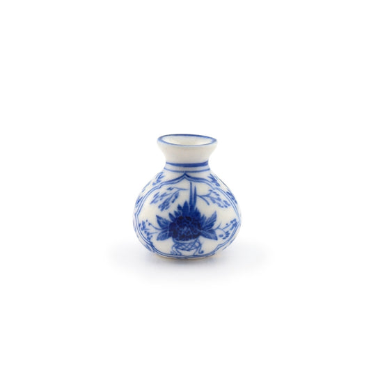 Miniature Dollhouse Hand Painted Blue White Porcelain Lotus Vase Ming Style OOAK