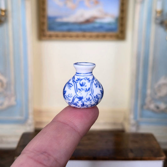 Miniature Dollhouse Hand Painted Blue White Porcelain Lotus Vase Ming Style OOAK