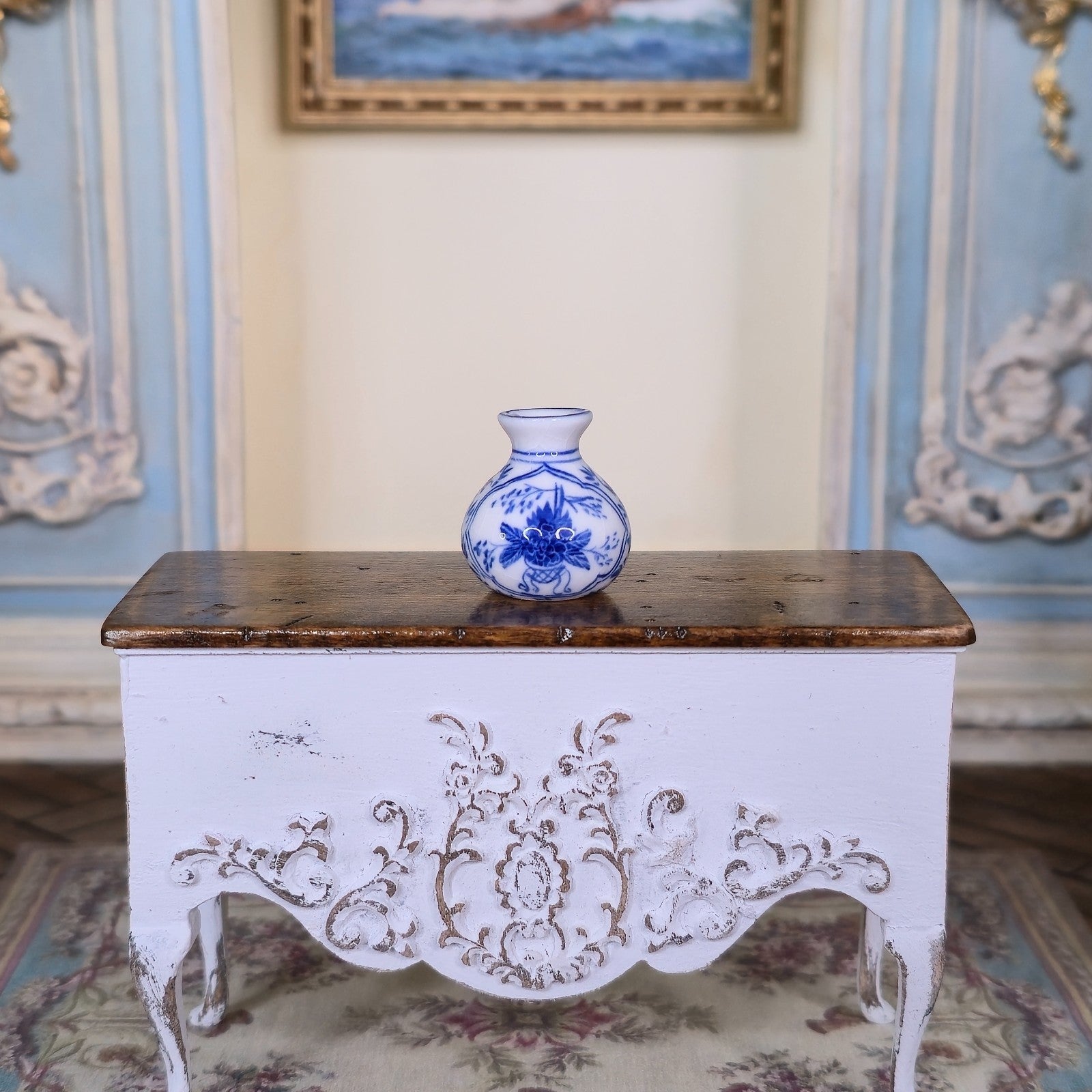 Miniature Dollhouse Hand Painted Blue White Porcelain Lotus Vase Ming Style OOAK