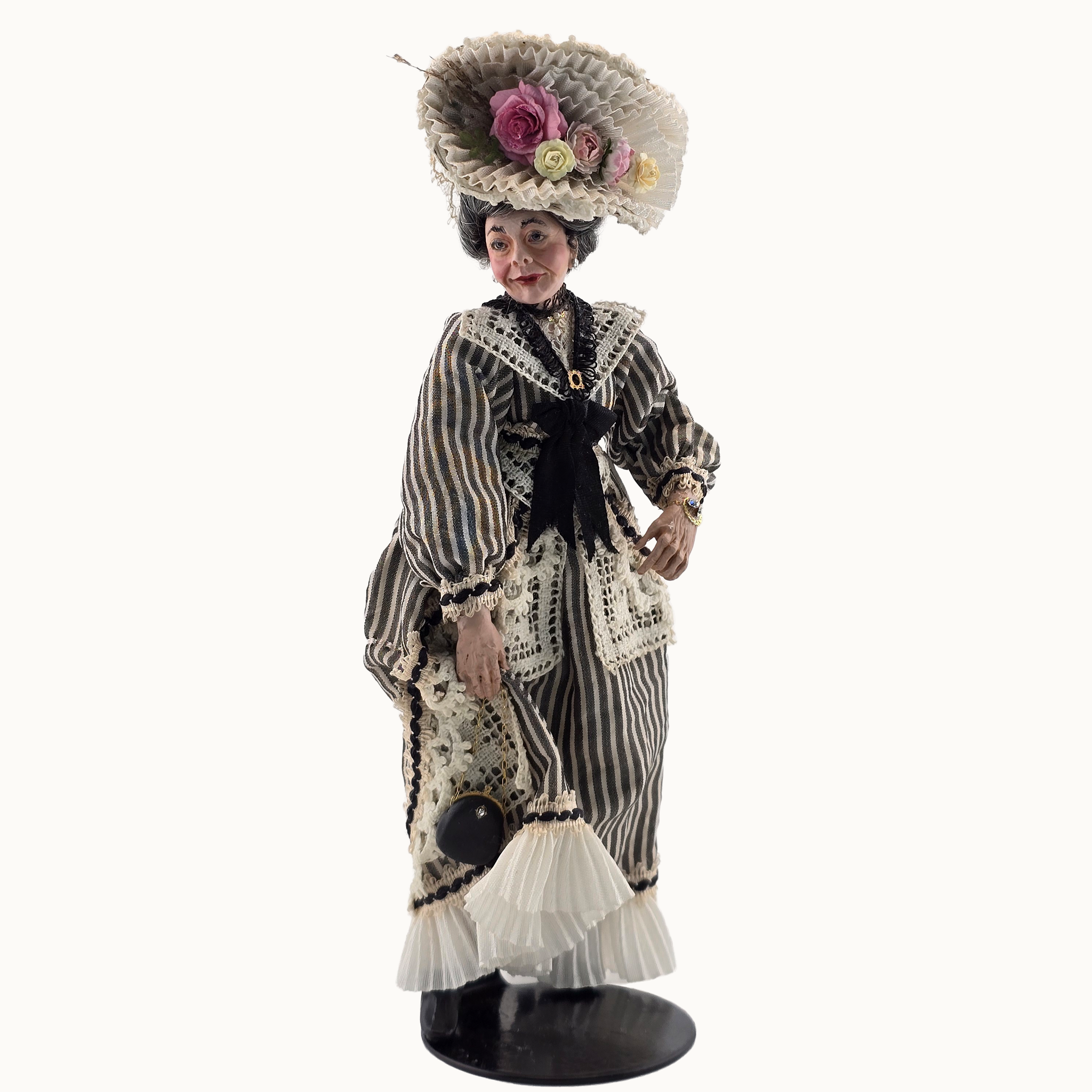 RESERVED FOR RICK: Wealthy Noblewoman Victorian Doll Striped Gown Original Marcia Backstrom Sculpted Clay Dollhouse