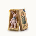 Load image into Gallery viewer, Small pink rabbit toy inside an open vintage-style box with a decorative cover.
