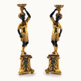 Load image into Gallery viewer, Pair of gilt decorative statues of women holding bowls on a white background, by John J. Hodgson
