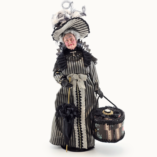RESERVED FOR RICK: Victorian Lady Silver Black Silk Gown & Hatbox Original Marcia Backstrom Dollhouse Doll