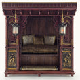 Load image into Gallery viewer, Decorative wooden canopy bed with intricate carvings and lanterns on a white background
