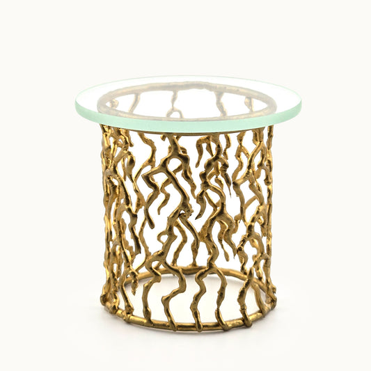 Gold Gilt Metal Jason Getzan Branch Accent Table Round Glass Top Modern Side Table