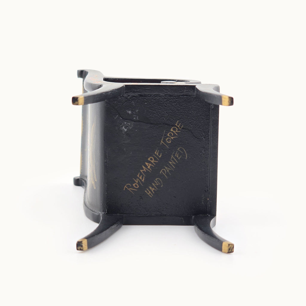 Black Lacquer Chinoiserie Hand-Painted Gilt Oriental Silk Upholstered Desk Chair IGMA Rosemarie Torre