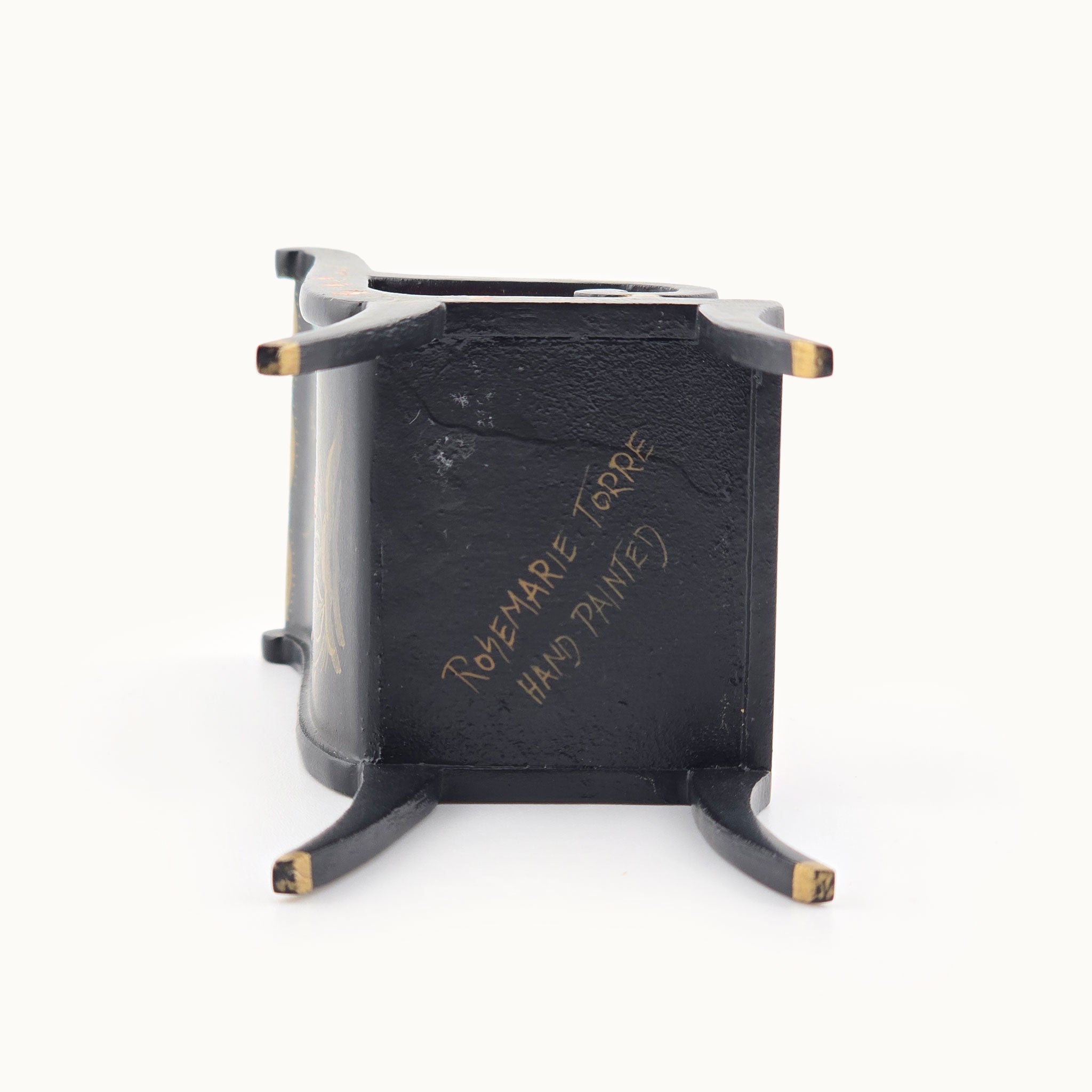 Black Lacquer Chinoiserie Hand-Painted Gilt Oriental Silk Upholstered Desk Chair IGMA Rosemarie Torre