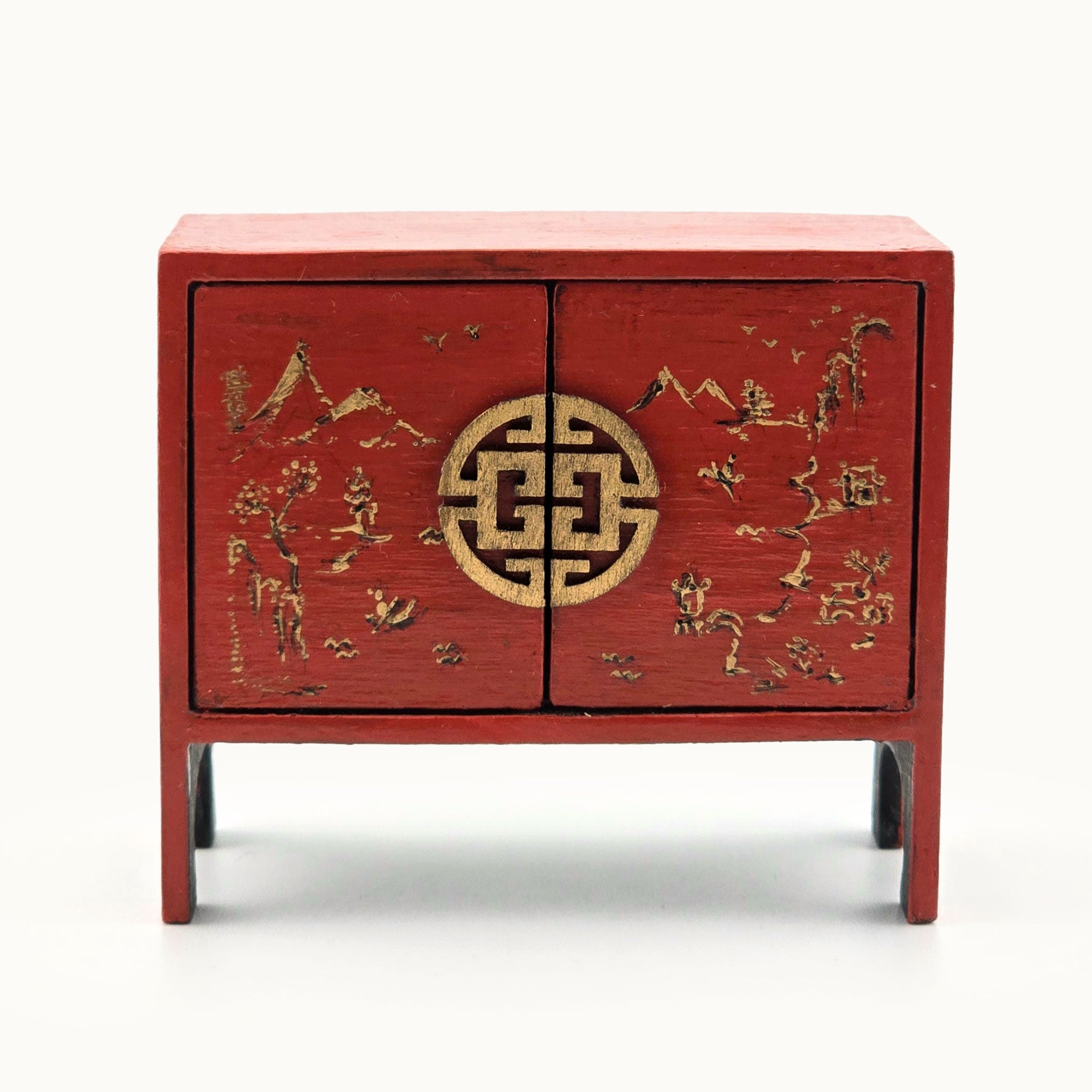 SIGNED Gilt Red Lacquer Chinese Asian Hand Painted Chinoiserie Cabinet