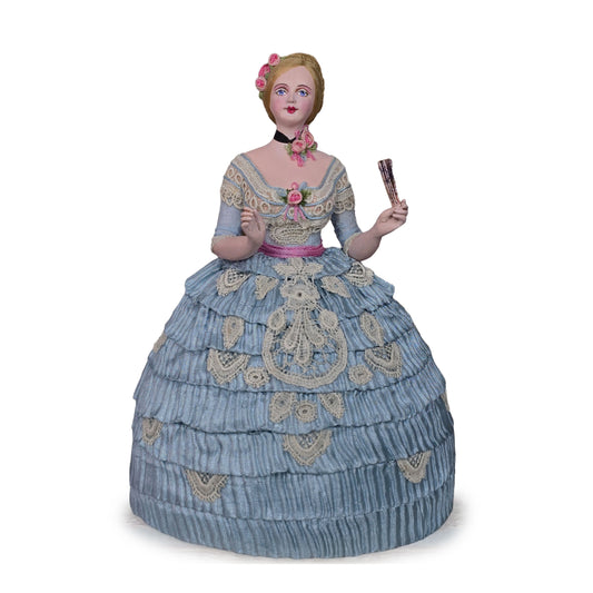 Gale Elena Bantock Signed Victorian Lady Porcelain Dollhouse Doll in Blue Silk Gown with Fan