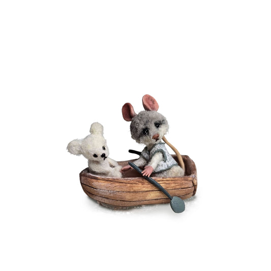 Aleah Klay Mouse in Row Boat with Teddy Bear OOAK Miniature c.2012