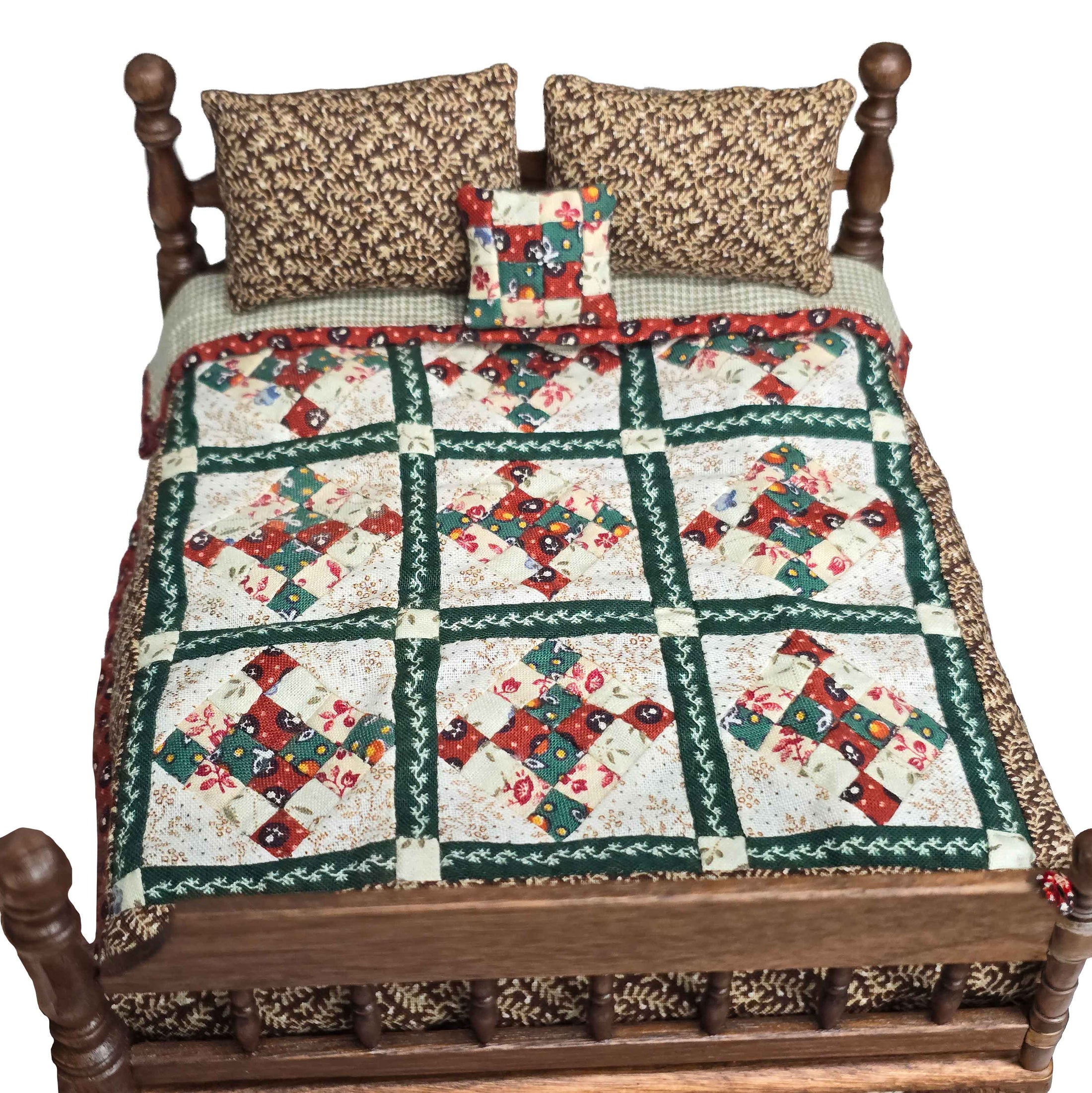 One-of-a-Kind Hand Quilted Patchwork Bedspread Set with Pillows 1:12 Scale