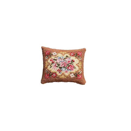 Vintage Sharon Garmize Micro Petit-Point Brown & Red Floral Pillow, 1:12 Scale